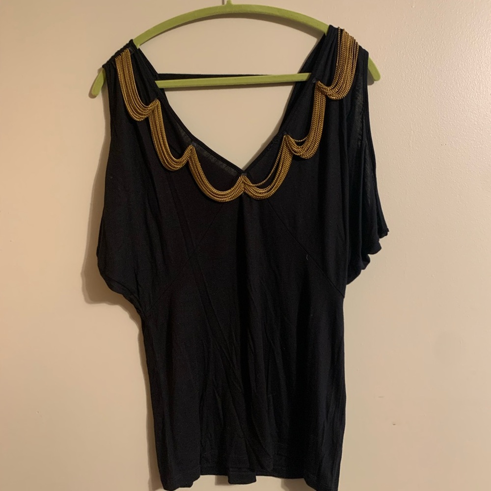 Black Allen B. Sz Large black sleeveless top with brass detail.